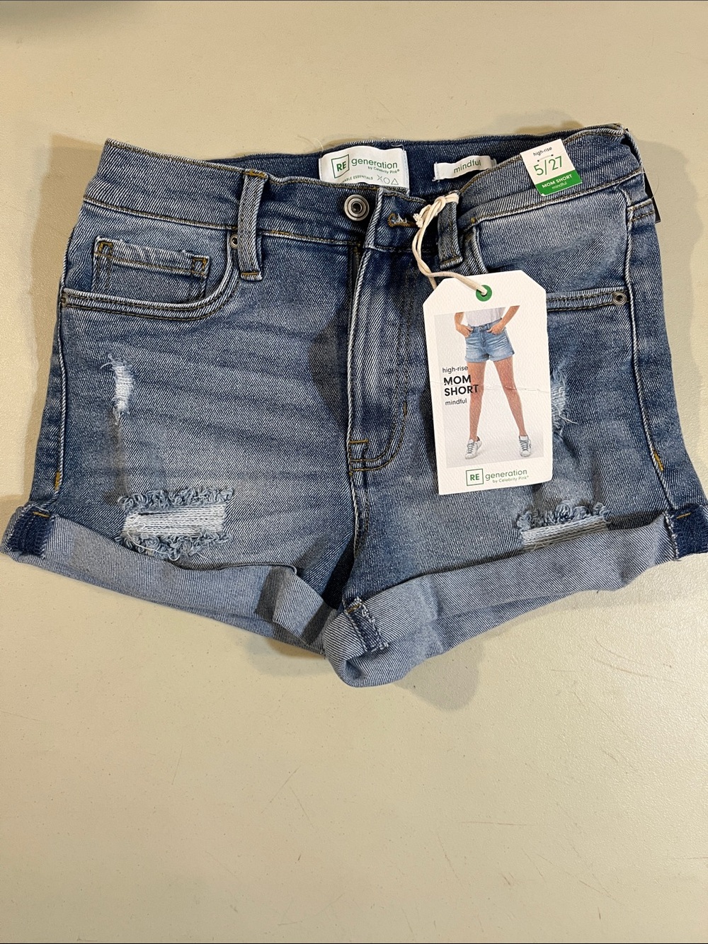 Re:Generation Medium Blue Distressed Rolled Hem Mom Shorts